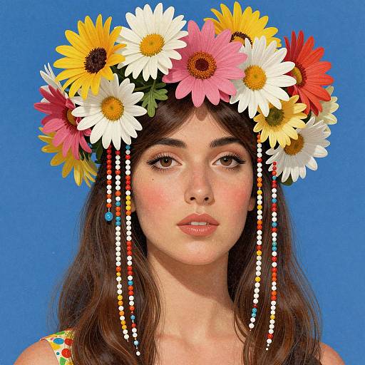 Digital portrait of a young woman with fair skin, brown eyes, and wavy brown hair, wearing a colorful flower crown and beaded headpiece against