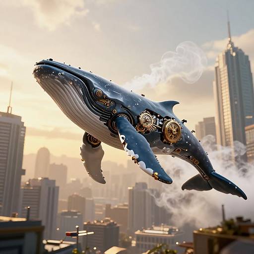 Photorealistic CGI of a blue whale with steampunk gears and smoke flying over a modern city skyline at sunset.