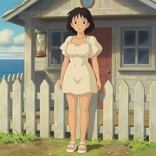 Anime-style digital illustration of a young woman with short black hair, wearing a white dress and sandals, standing in front of a wooden house with a lantern