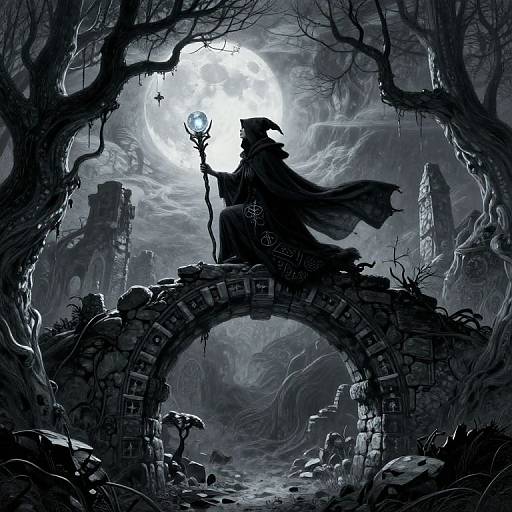 Digital artwork of a silhouetted witch with a staff, sitting on a crumbling archway under a full moon, surrounded by twisted trees and ruins