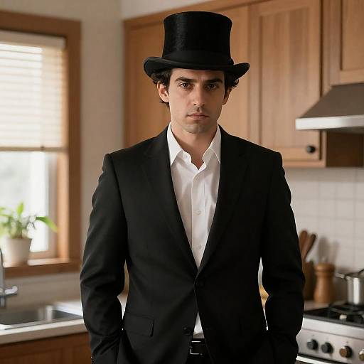 Man in Black Suit and Top Hat in Kitchen