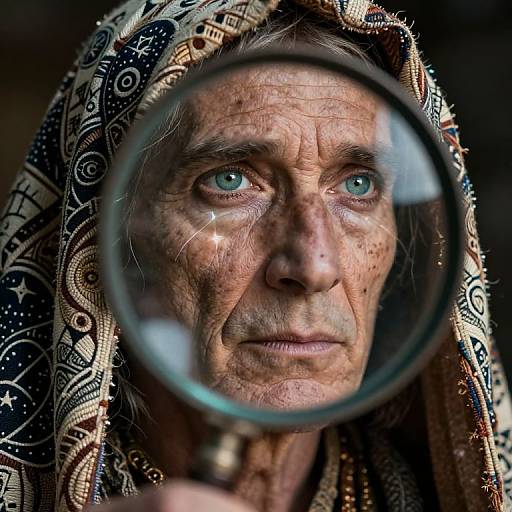 Close-up photograph of an elderly woman with deep wrinkles, blue-green eyes, and patterned headscarf, seen through a magnifying glass.