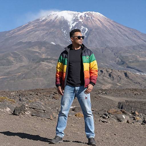 Photograph of a man in a rainbow-colored jacket, black t-shirt, blue jeans, and sunglasses standing before a snow-capped volcano under a clear