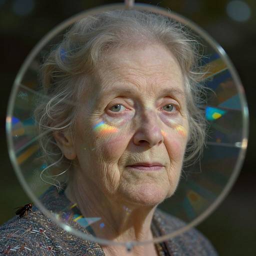 Photograph of an elderly woman with wavy gray hair, soft wrinkles, and a gentle smile, framed by a colorful, iridescent bubble against