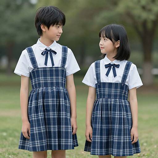 Photograph of two young Asian siblings in matching black plaid dresses with white shirts and black ribbons, standing outdoors on a grassy field, looking