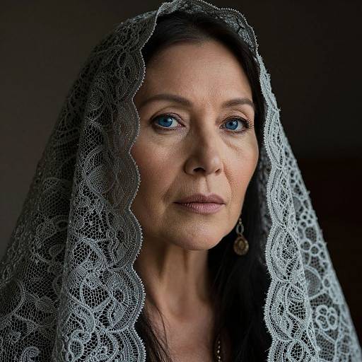 Photograph of a middle-aged woman with blue eyes, wearing a delicate lace veil over her dark hair, against a dark background.