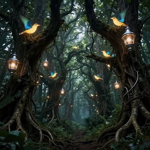 Digital fantasy artwork: Enchanted forest with twisted trees, glowing lanterns, and colorful birds with iridescent wings, illuminated by soft, eth