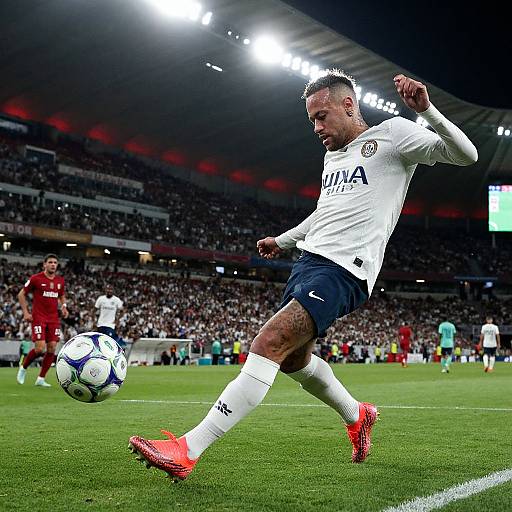 Photograph of a male soccer player in a white jersey and red cleats, mid-kick, in a brightly lit stadium with other players and a