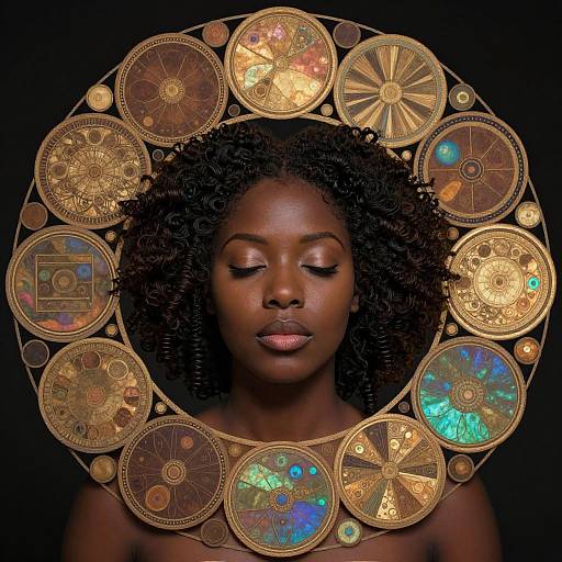 Photograph of a dark-skinned woman with closed eyes, surrounded by a circular arrangement of golden, iridescent clockwork gears and optical discs on