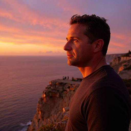 Photograph of a handsome, short-haired man in a black shirt, silhouetted by a vibrant sunset over a rocky coastal cliff.
