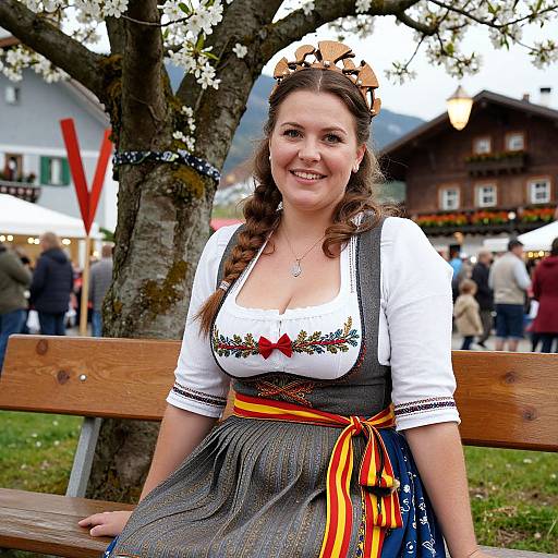 Photograph of a smiling young woman in traditional Bavarian dirndl, braided brown hair, sitting on a wooden bench, spring festival background.
