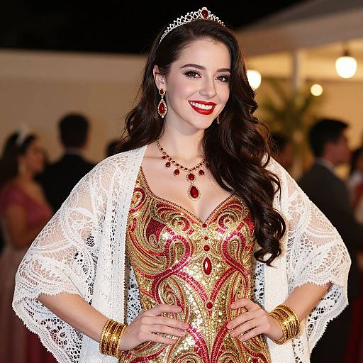 Photograph of a smiling woman with long black hair, wearing a gold and red embroidered dress, white lace shawl, tiara, red earrings,