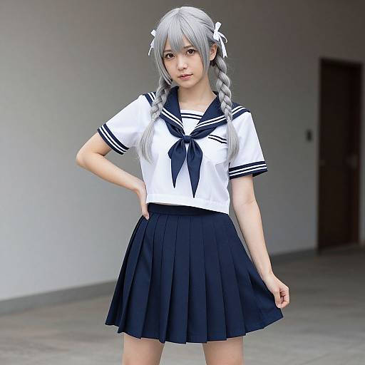 Digital anime-style photograph of a young girl with silver braided hair, wearing a white sailor uniform with black trim and a pleated black skirt, standing