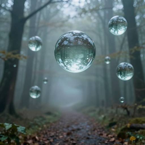 Photograph of transparent, reflective bubbles floating in a misty, dense forest with tall trees and a foggy, leaf-strewn path.