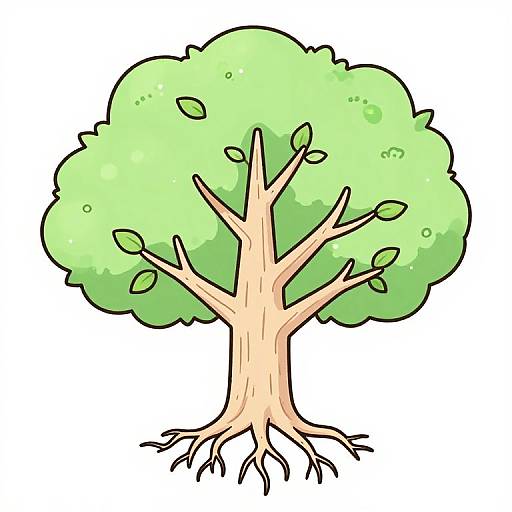 Colorful cartoon-style drawing of a green leafy tree with a light beige trunk and visible roots, set against a plain white background.