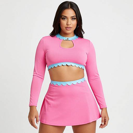 Photograph of a young woman with medium brown skin, long black hair, wearing a pink, long-sleeve crop top and matching mini skirt with