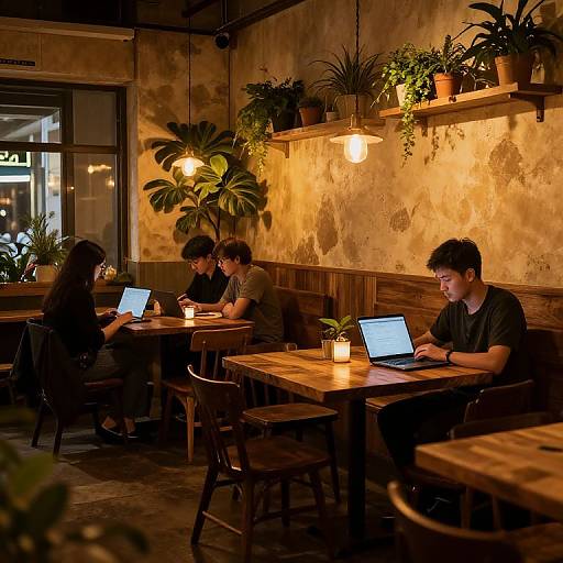 Photograph of three young people, two men and one woman, working on laptops in a cozy, dimly lit, rustic café with wooden tables,