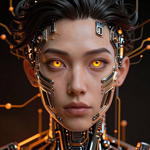 CGI portrait of a cybernetic woman with glowing orange eyes, black hair, and intricate metallic circuitry on her face and neck against a dark