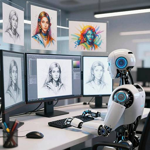 Photograph of a futuristic white robotic artist drawing realistic black-and-white portraits on three screens, surrounded by colorful digital portraits.