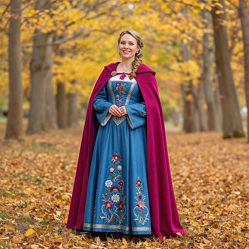 Photograph of a smiling woman in a blue medieval-style dress with floral embroidery, wearing a red velvet cloak, standing in an autumn forest with yellow leaves
