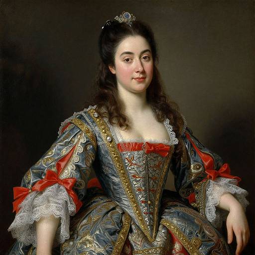18th-century portrait of a fair-skinned woman with dark curly hair, wearing an ornate blue and gold gown with red ribbons and lace,