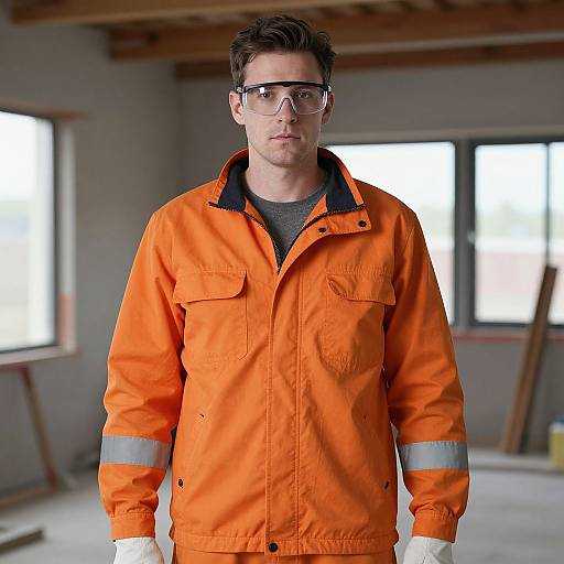 Photograph of a young man with short brown hair, wearing glasses and an orange high-visibility jacket, standing in a construction site with wooden beams and