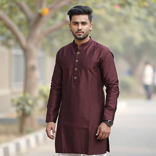 Photograph of a young South Asian man with short black hair, trimmed beard, wearing a maroon long kurta, standing outdoors on a sunny day
