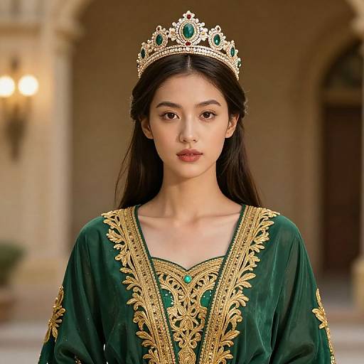 Regal Woman in Green Embroidered Dress