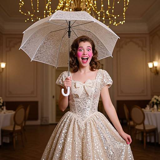 Photograph of a smiling woman in a sparkly gold dress holding a lace umbrella, with pink face paint, in a luxurious, chandelier-lit