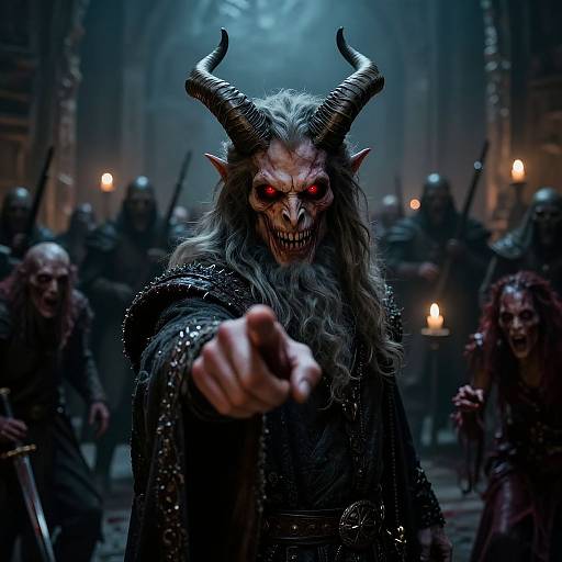 Digital artwork of a demonic warrior with glowing red eyes, black horns, and long grey hair, pointing forward in a dimly lit, candle-lit