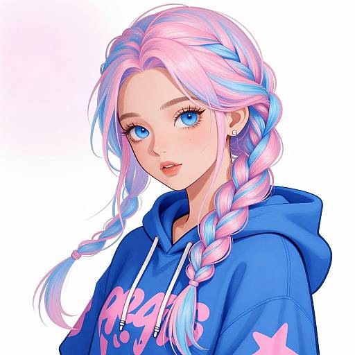 Digital anime-style portrait of a young woman with pastel pink and blue braided hair, blue hoodie, and vibrant blue eyes.