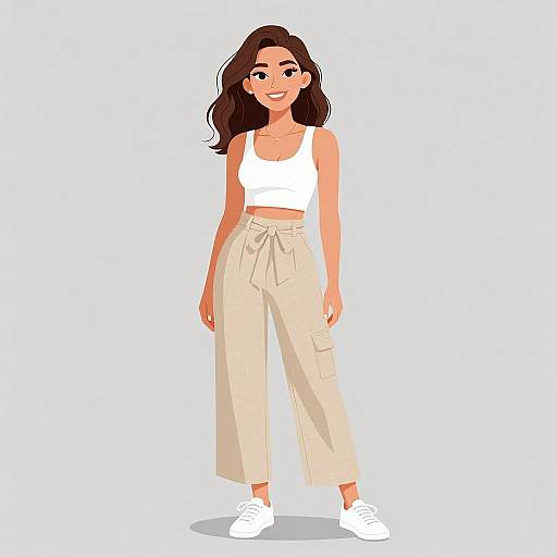 Digital illustration of a smiling young woman with long brown hair, wearing a white crop top, beige high-waisted pants, and white sneakers. White