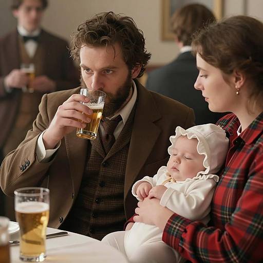 Man Drinking Beer with Woman Holding Baby in Vintage Setting