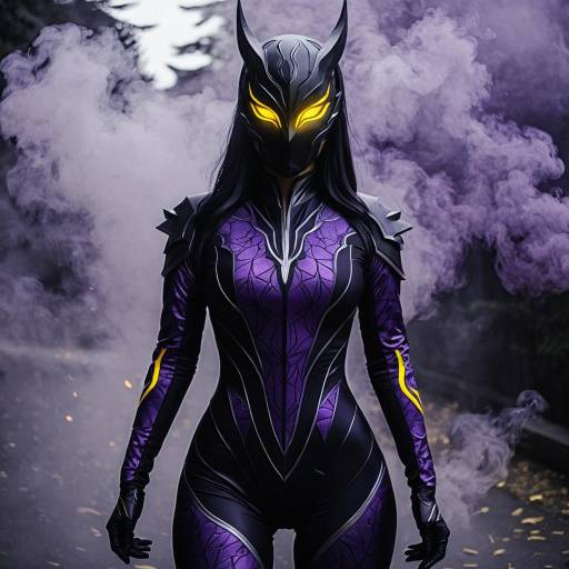 Cosplay in Black and Purple Bodysuit with Glowing Yellow Eyes