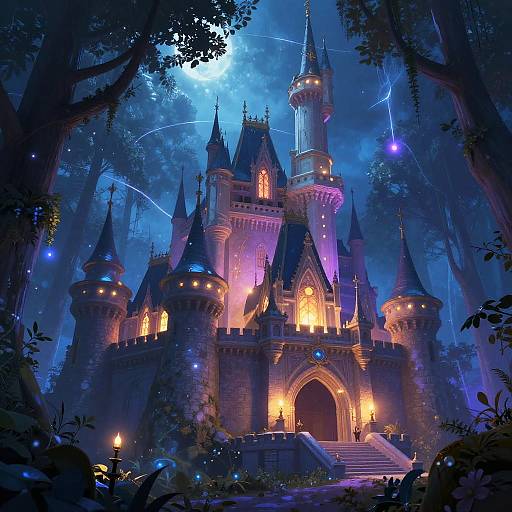 Digital fantasy artwork of a glowing, magical castle with multiple spires, illuminated by blue and purple lights, surrounded by a dark, enchanted forest with glowing