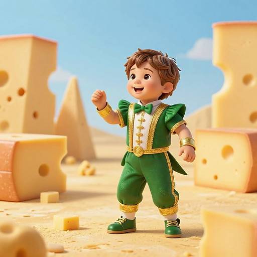 Photorealistic CGI of a smiling, brown-haired toddler in green, gold-trimmed outfit standing in a sunny cheese desert with large cheese blocks and