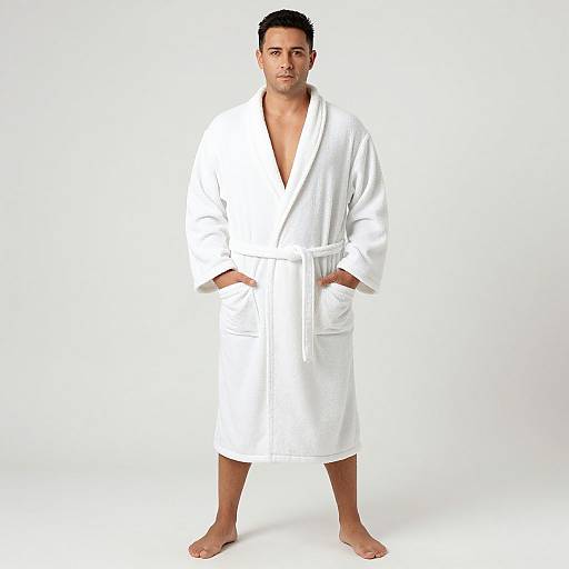 Photograph of a serious, dark-haired man in a white bathrobe, standing barefoot against a plain white background. Hands in pockets, robe tied