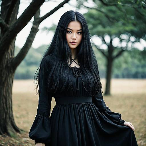 Young woman in black dress outdoors
