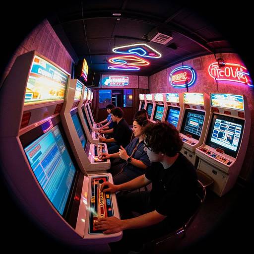 Photograph of three people in a dimly lit arcade, playing brightly lit, neon-adorned arcade machines with colorful screens and retro signs.