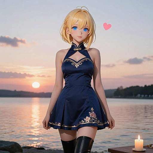 Blonde Anime Girl at Sunset Lake