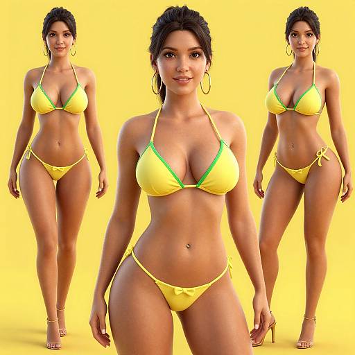 Photorealistic CGI of a curvy, attractive, dark-skinned woman in a yellow bikini with green trim, wearing hoop earrings and high heels,