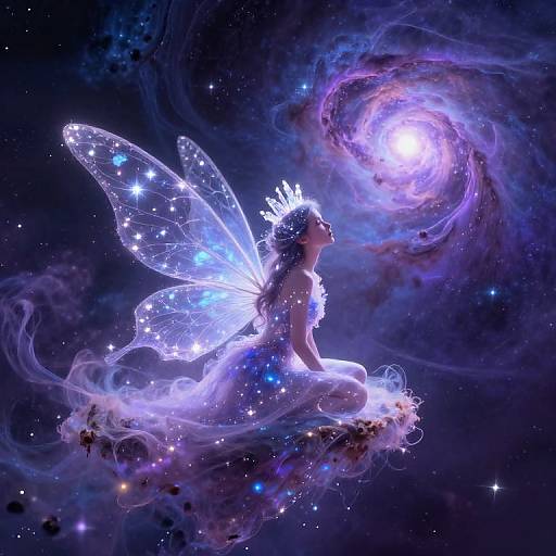 Digital artwork of a glowing fairy with starry wings, sitting on a cosmic cloud, gazing at a swirling, luminous galaxy.