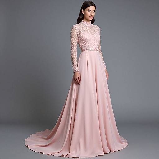 Elegant Woman in Pink Lace Prom Dress
