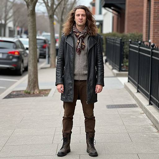 Photograph of a young man with long brown hair, wearing a black leather coat, brown pants, black boots, and a patterned scarf, standing