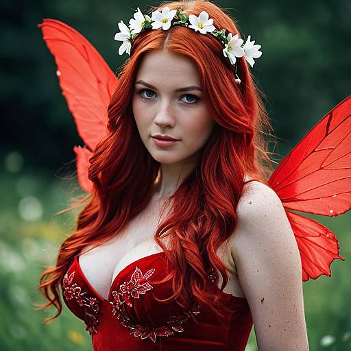 Red Fairy Woman with Flower Crown