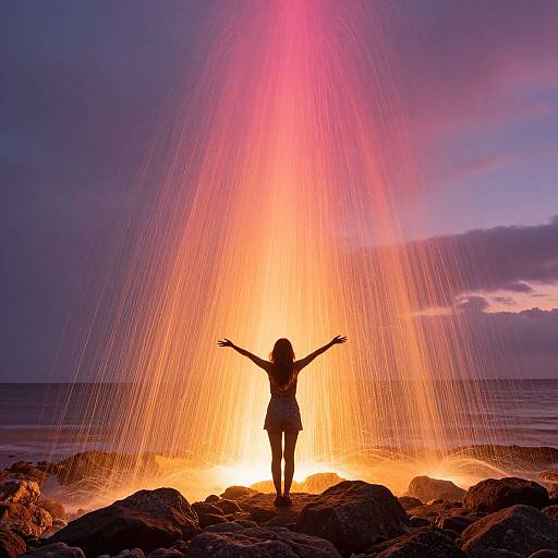 Silhouetted woman with arms raised stands on rocky shore, bathed in radiant orange and pink sunset light, with rain falling.