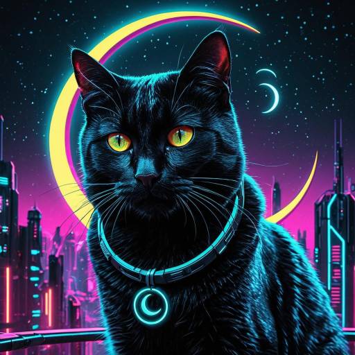 Cyberpunk Black Cat with Crescent Moon Necklace