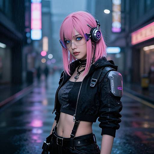 Digital artwork of a pink-haired anime girl with blue eyes, wearing headphones, black crop top, and jacket, standing on a neon-lit, rainy