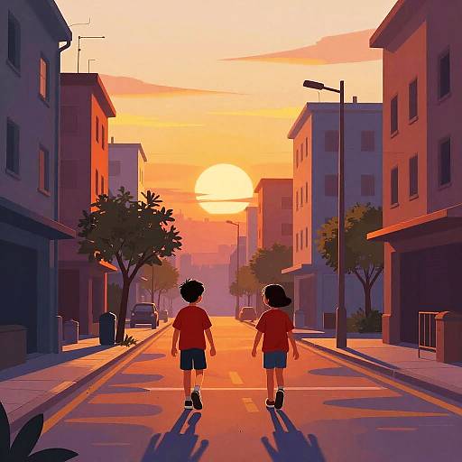 Digital art: Two boys in red shirts and shorts walk down a sunlit, empty urban street at sunset, flanked by buildings.