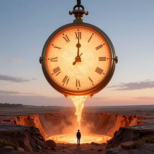 Photograph: Giant glowing pocket watch with Roman numerals, melting into fiery crater, silhouetted figure standing at edge, twilight sky.